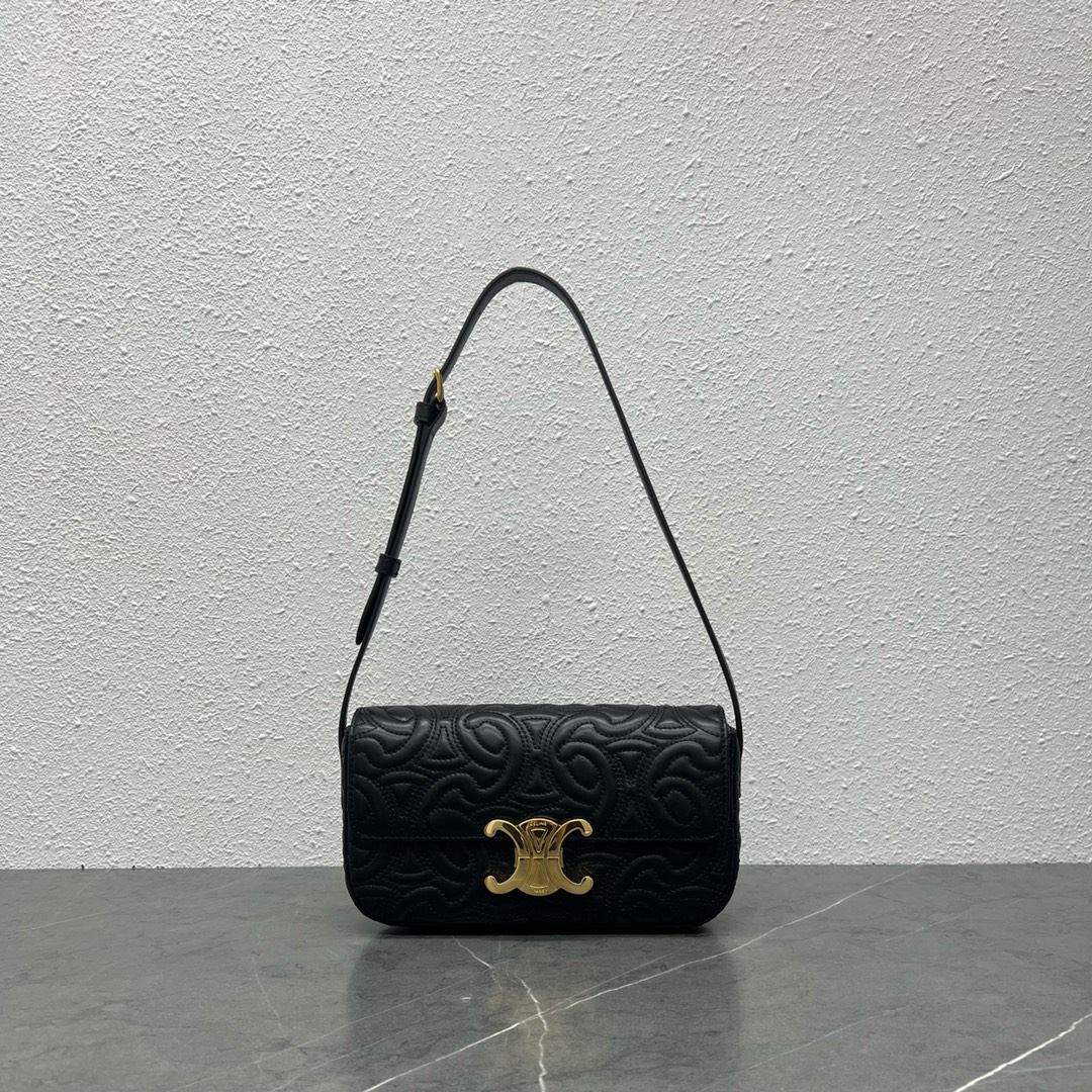 Celine Shoulder Bag Claude In Triomphe Embroidery Calfskin Black/Gold 194143